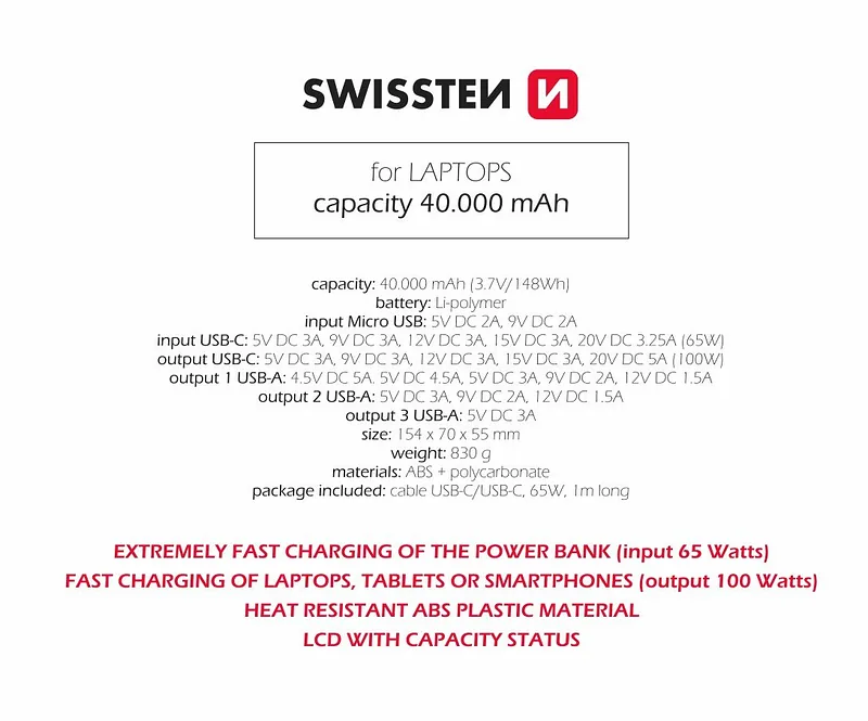 Swissten Power Line Power Bank 40 000 mAh 100W