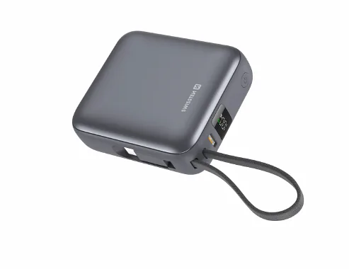 Swissten SPACE Power Bank Universal External Battery Built-in USB-C Cable 35W / 10000 mAh Silver