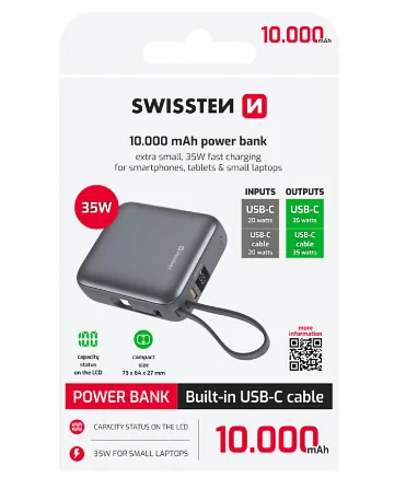 Swissten SPACE Power Bank Universal External Battery Built-in USB-C Cable 35W / 10000 mAh Silver