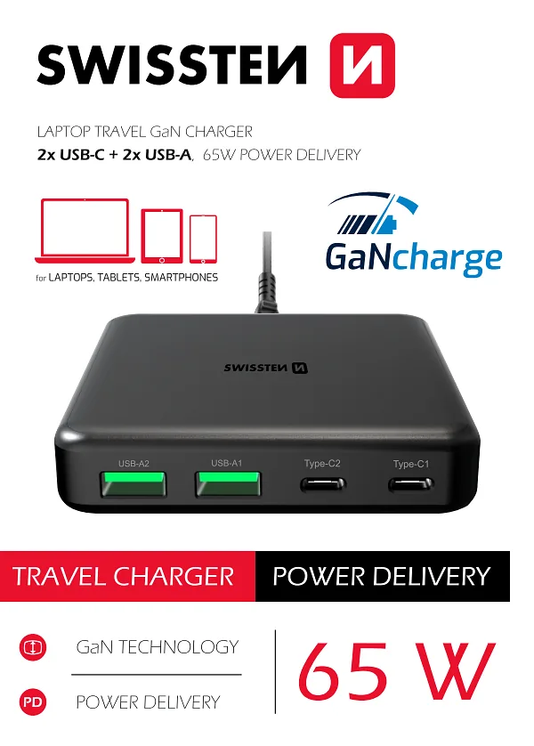 Swissten Desktop GaN Charger 2x USB-C /  2x USB / 65W