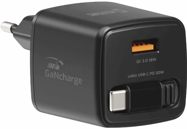 Swissten SlideCHARGE Power Charger GaN 30W USB-A 18W With retractable USB-C cable 0.75m black