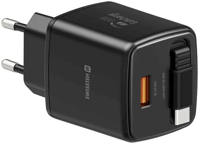 Swissten SlideCHARGE Power Charger GaN 30W USB-A 18W With retractable USB-C cable 0.75m black