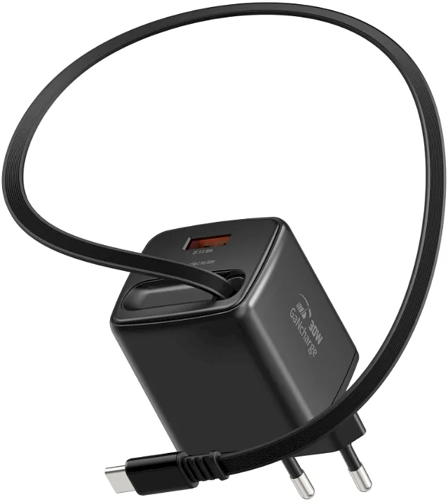 Swissten SlideCHARGE Power Charger GaN 30W USB-A 18W With retractable USB-C cable 0.75m black