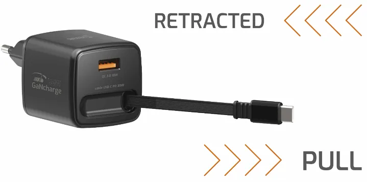 Swissten SlideCHARGE Power Charger GaN 30W USB-A 18W With retractable USB-C cable 0.75m black