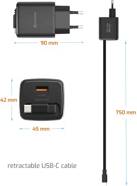 Swissten SlideCHARGE Power Charger GaN 30W USB-A 18W With retractable USB-C cable 0.75m black
