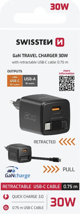 Swissten SlideCHARGE Power Charger GaN 30W USB-A 18W With retractable USB-C cable 0.75m black