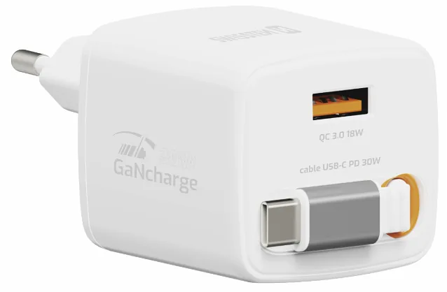 Swissten SlideCHARGE Power Charger GaN 30W USB-A 18W With retractable USB-C cable 0.75m white