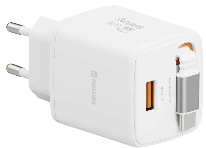 Swissten SlideCHARGE Power Charger GaN 30W USB-A 18W With retractable USB-C cable 0.75m white