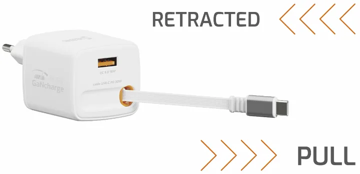 Swissten SlideCHARGE Power Charger GaN 30W USB-A 18W With retractable USB-C cable 0.75m white