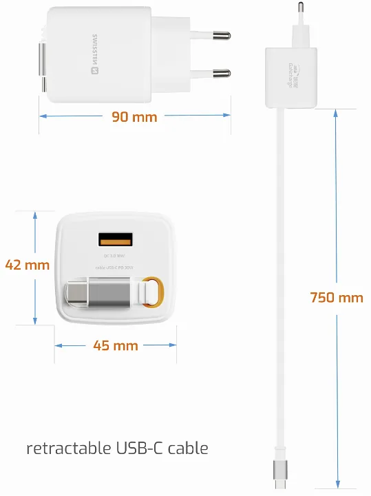 Swissten SlideCHARGE Power Charger GaN 30W USB-A 18W With retractable USB-C cable 0.75m white