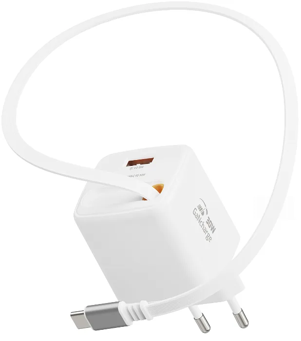 Swissten SlideCHARGE Power Charger GaN 30W USB-A 18W With retractable USB-C cable 0.75m white