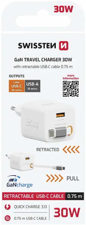 Swissten SlideCHARGE Power Charger GaN 30W USB-A 18W With retractable USB-C cable 0.75m white
