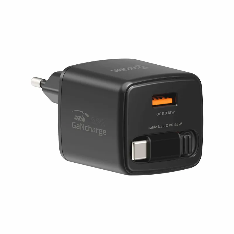 Swissten SlideCHARGE Power Charger GaN 45W USB-A 18W With retractable USB-C cable 0.75m black