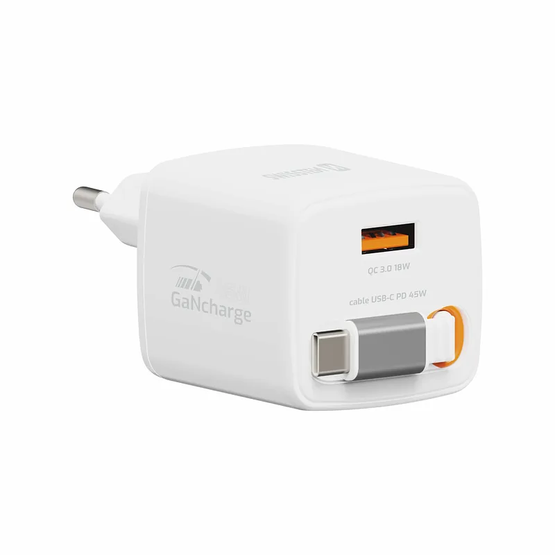 Swissten SlideCHARGE Power Charger GaN 45W USB-A 18W With retractable USB-C cable 0.75m white