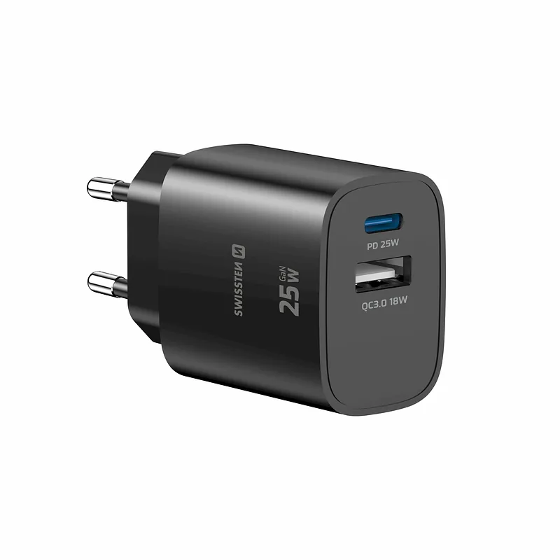 Swissten Travel Charger Edge GaN USB-A 18W  / USB-C 25W black