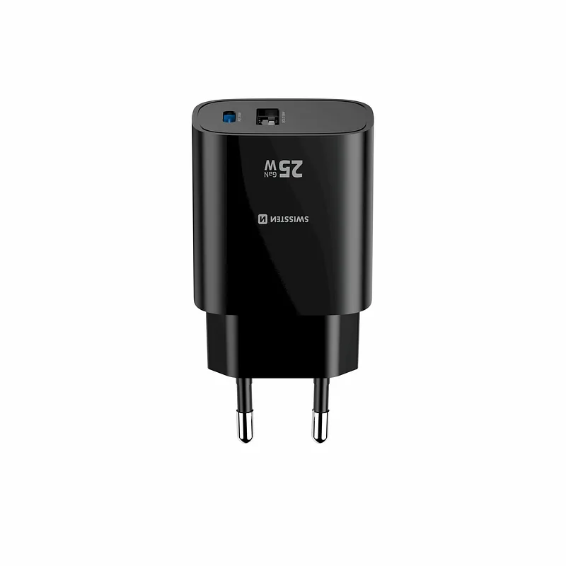Swissten Travel Charger Edge GaN USB-A 18W / USB-C 25W black