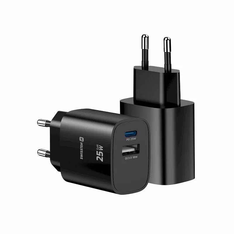 Swissten Travel Charger Edge GaN USB-A 18W / USB-C 25W black