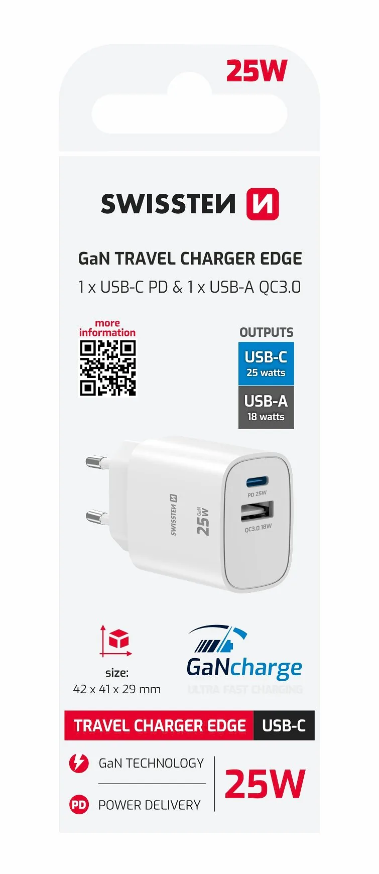 Swissten Travel Charger Edge GaN USB-A 18W / USB-C 25W black
