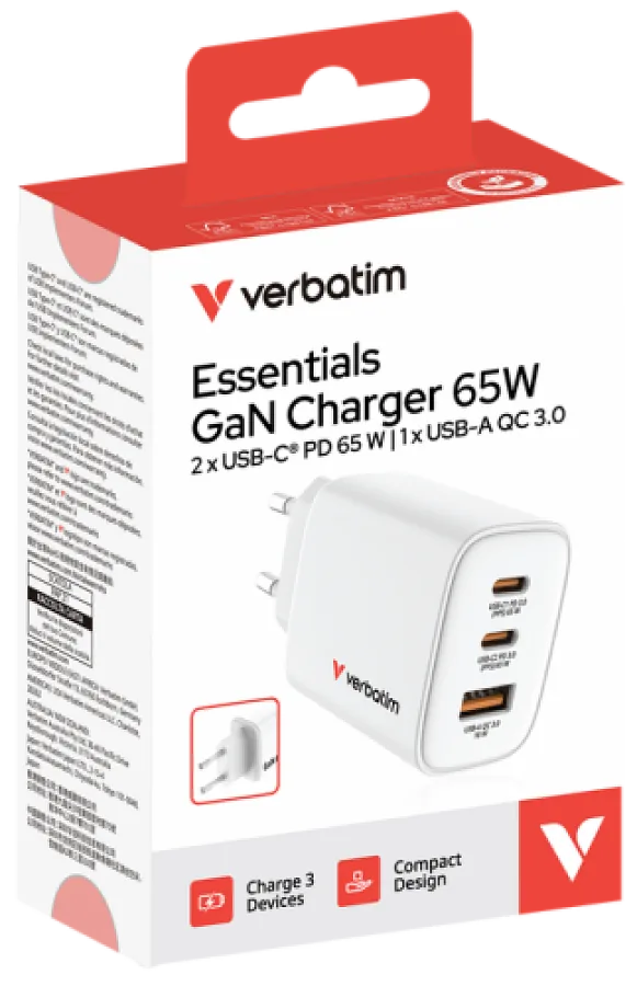 Charger Verbatim Essentials GaN Wall Charger 65W 3 Port White