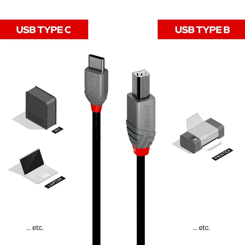 Lindy 36942 USB-kaabel USB 2.0 2 m USB C USB B Must