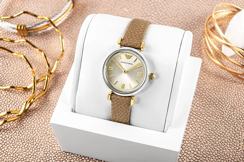 Emporio Armani AR11770 Women’s Watch 28mm Champagne Dial Brown Leather Strap