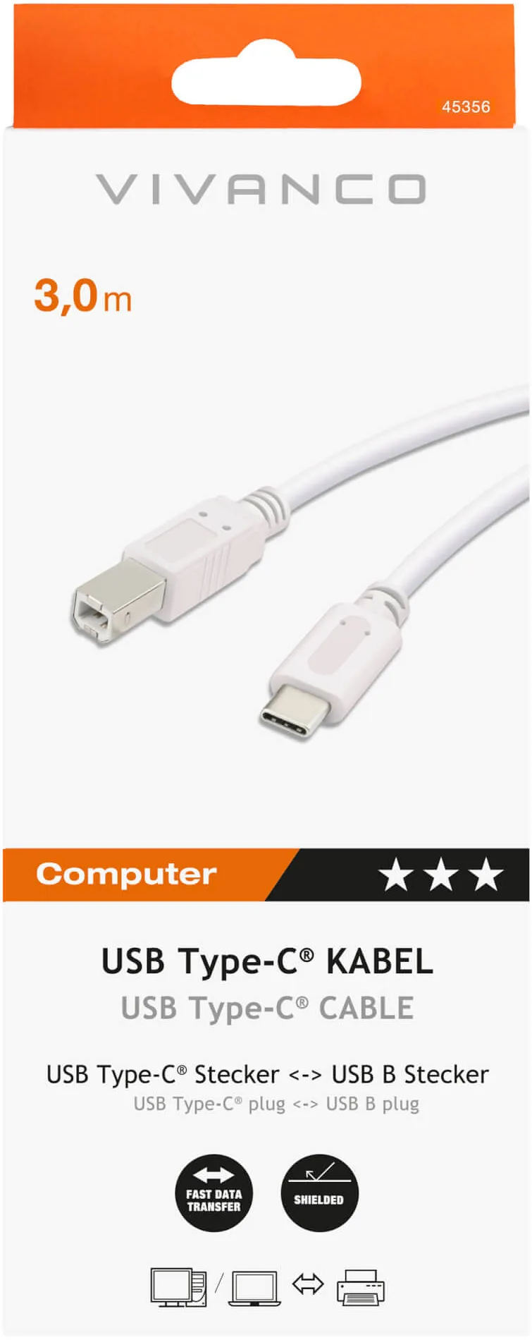 Vivanco kaabel USB-C – USB-B 3m, valge (45356)