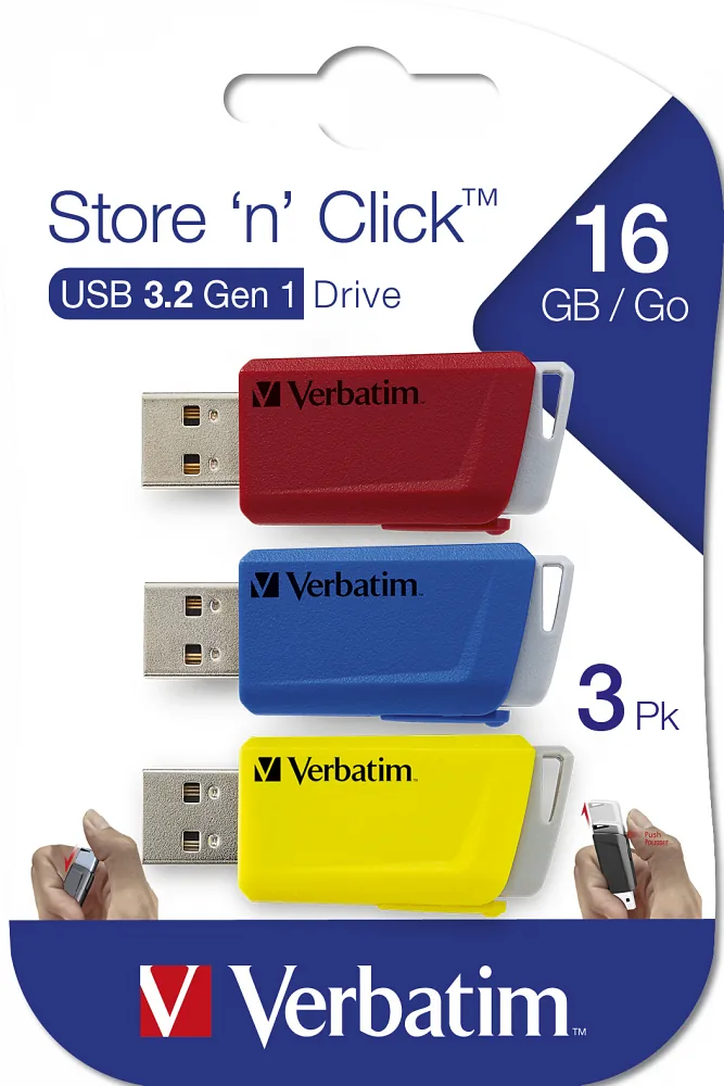 Verbatim Store ‘n’ Click USB-välkmälu 16 GB USB tüüp A 3.2 Gen 1 (3.1 Gen 1) Sinine, Punane, Kollane