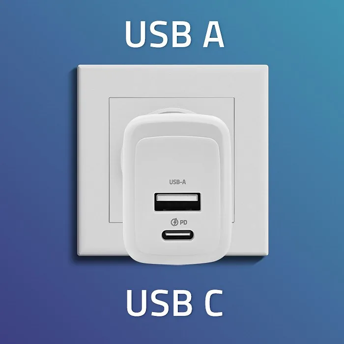 Qoltec 51825 GaN 45W charger| 5-20V | 1.5-3A | 1 x USB-C PD | 1x USB QC 3.0 | White