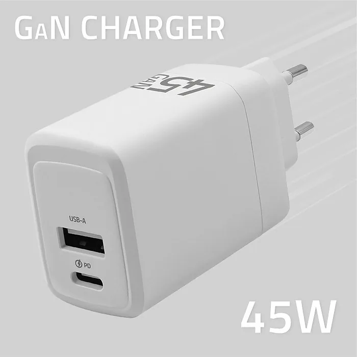 Qoltec 51825 GaN 45W charger| 5-20V | 1.5-3A | 1 x USB-C PD | 1x USB QC 3.0 | White