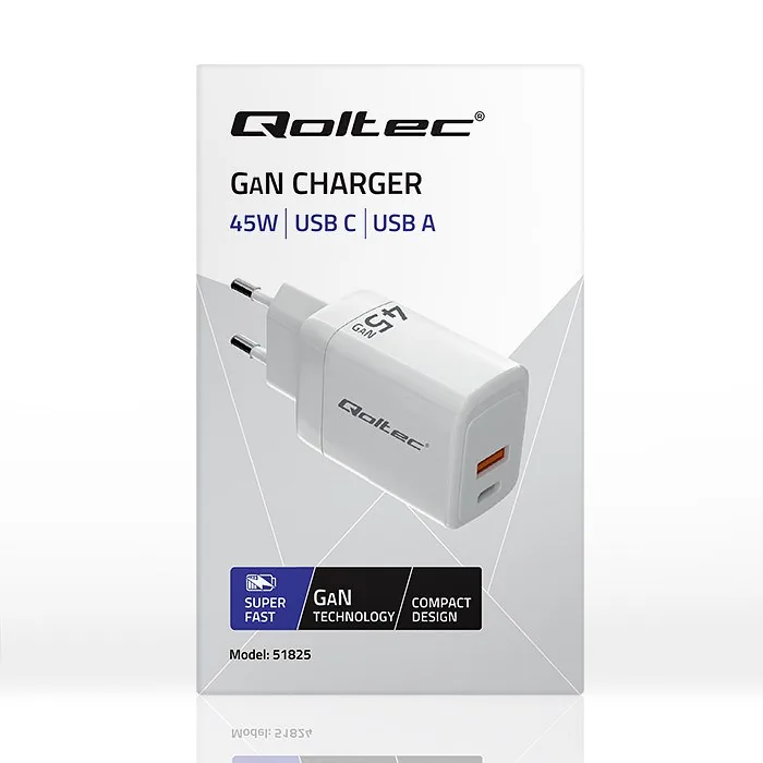 Qoltec 51825 GaN 45W charger| 5-20V | 1.5-3A | 1 x USB-C PD | 1x USB QC 3.0 | White