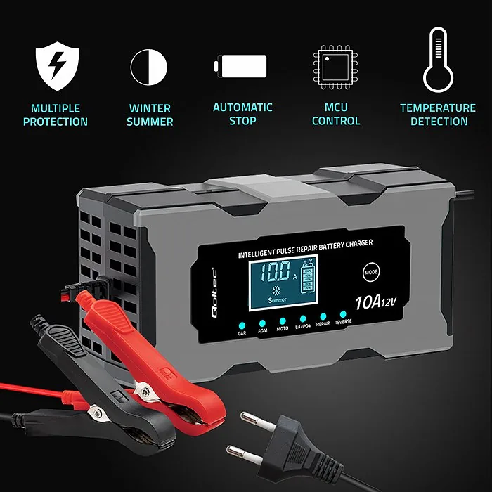 Qoltec 52493 Charger 12V 10A | Rectifier with repair function for AGM GEL LiFePO4 battery | LCD