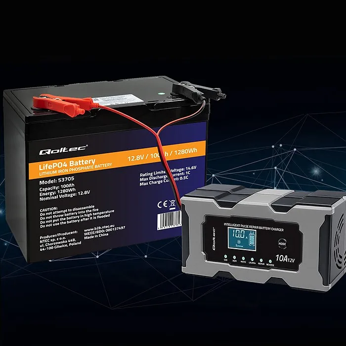 Qoltec 52493 Charger 12V 10A | Rectifier with repair function for AGM GEL LiFePO4 battery | LCD