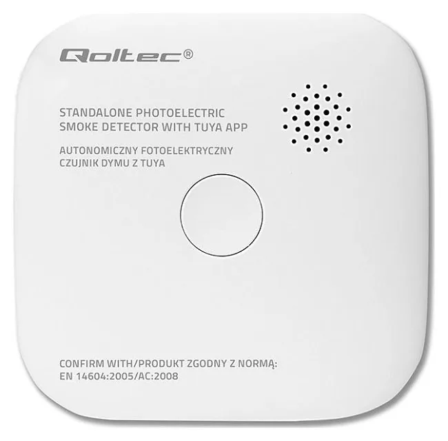 Qoltec Certyfikowany bezprzewodowy Czujnik dymu z baterią | Tuya | Wi-fi | żywotność sensora 10 lat | alarm 85dB | LED