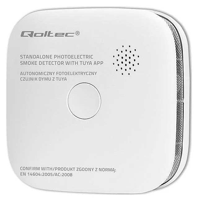 Qoltec Certyfikowany bezprzewodowy Czujnik dymu z baterią | Tuya | Wi-fi | żywotność sensora 10 lat | alarm 85dB | LED