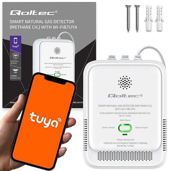 Qoltec 52651 Natural Gas Leak Sensor | CH4 detector | NG | Tuya | Wi-Fi | 85dB alarm | LED