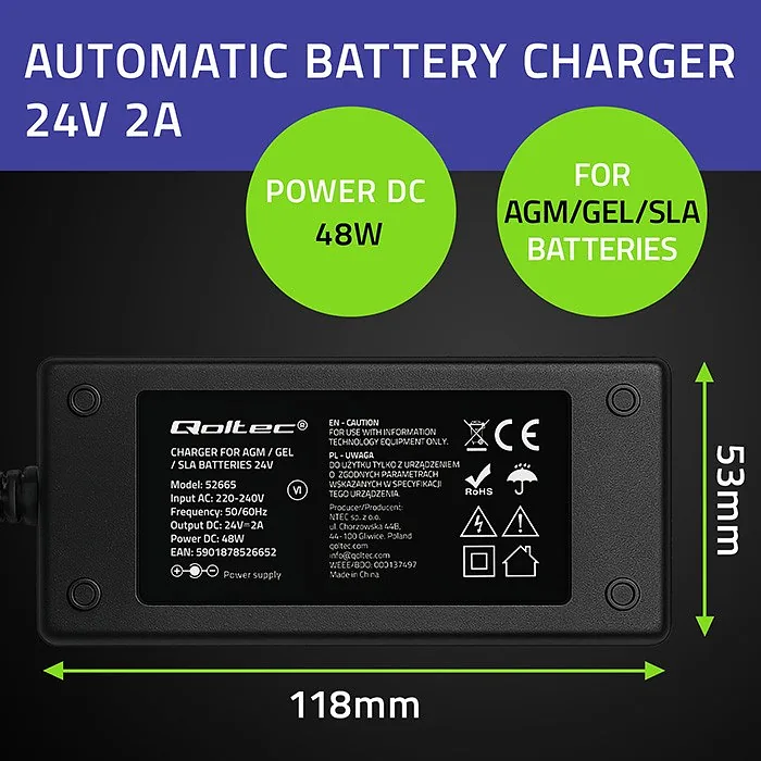 Qoltec 52665 Automatic charger for AGM GEL STD batteries | 24V charger | 2A | 48W | LED | 1.8m cable