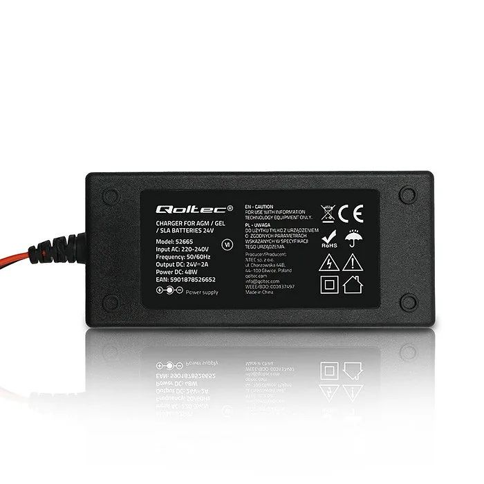 Qoltec 52665 Automatic charger for AGM GEL STD batteries | 24V charger | 2A | 48W | LED | 1.8m cable