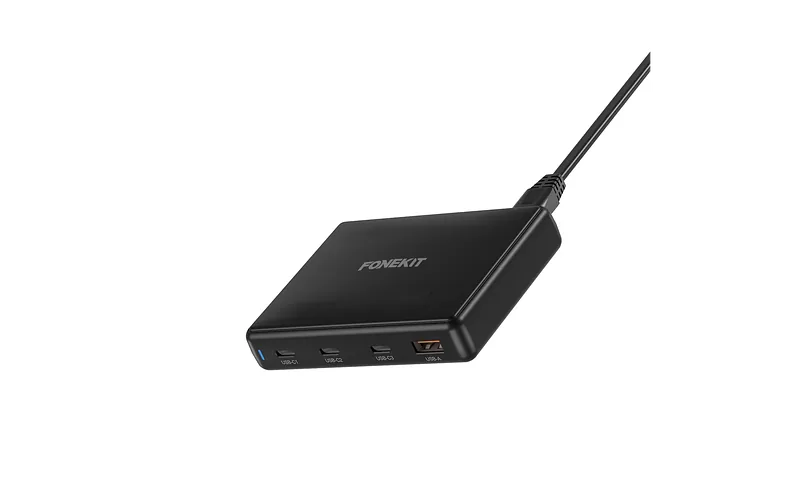 FoneKit GaN PD 140 W võrgulaadija, 3 x USB-C + 1 x USB-A, must