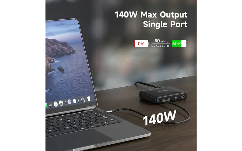 FoneKit GaN PD 140 W võrgulaadija, 3 x USB-C + 1 x USB-A, must