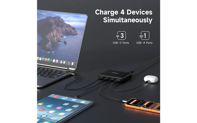 FoneKit GaN PD 140 W võrgulaadija, 3 x USB-C + 1 x USB-A, must