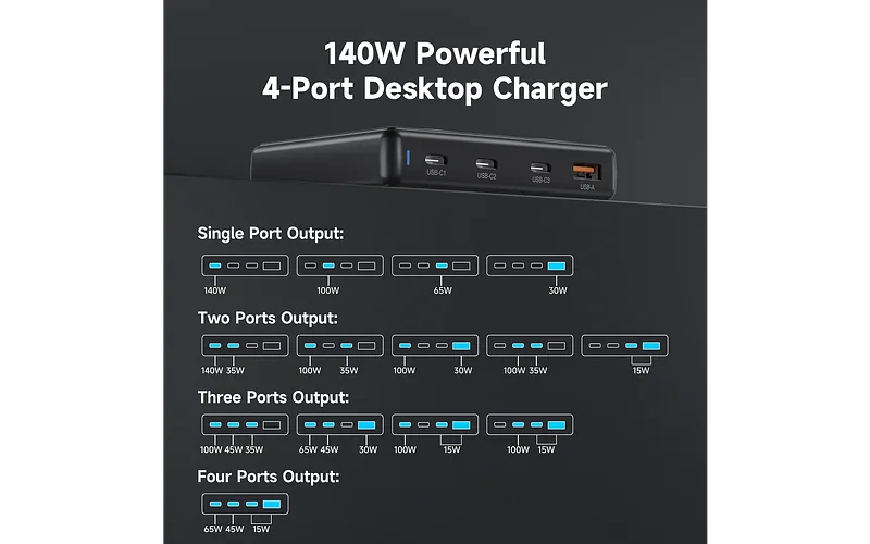 FoneKit GaN PD 140 W võrgulaadija, 3 x USB-C + 1 x USB-A, must
