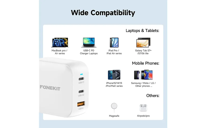FoneKit GaN PD 100W toiteplokk, USB-C + USB-C + USB-A, valge