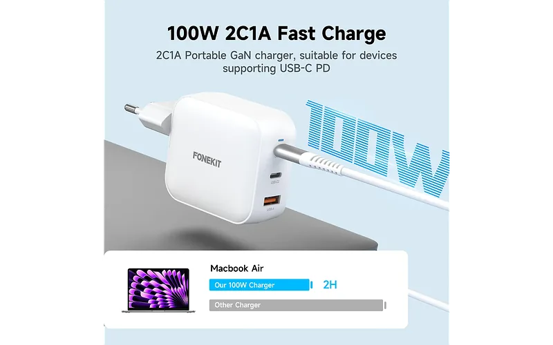 FoneKit GaN PD 100W toiteplokk, USB-C + USB-C + USB-A, valge