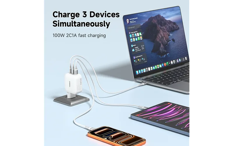 FoneKit GaN PD 100W toiteplokk, USB-C + USB-C + USB-A, valge