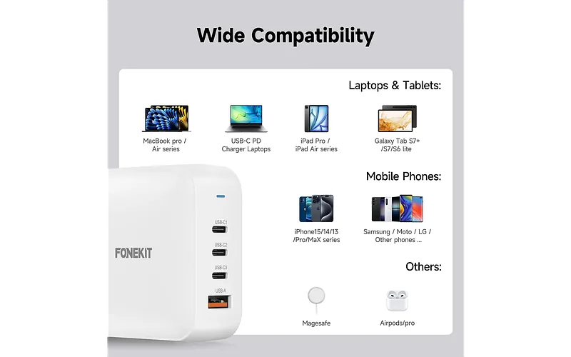 FoneKit GaN PD 165W võrgulaadija, USB-A + 3 x USB-C, valge