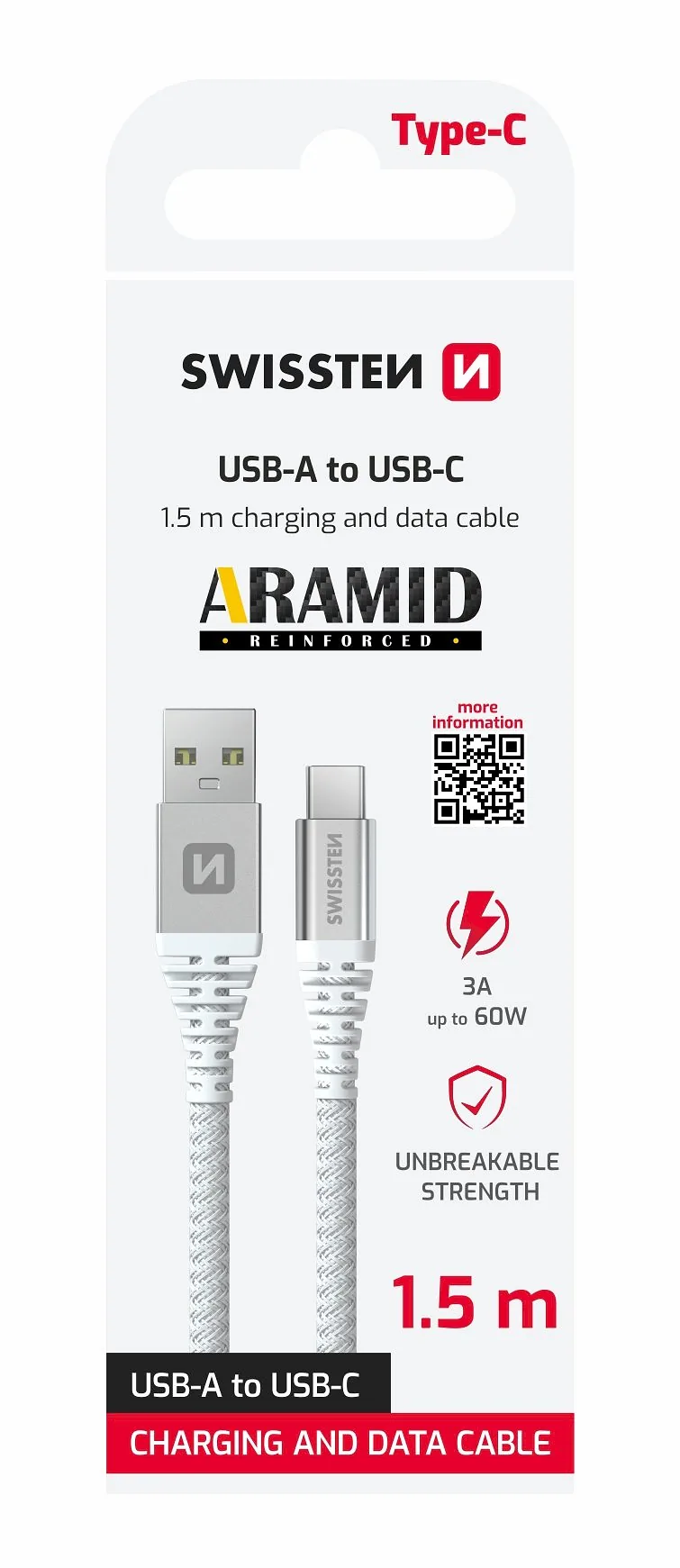 Swissten ARAMID REINFORCED USB - USB-C Data and Charding cable 1.5m