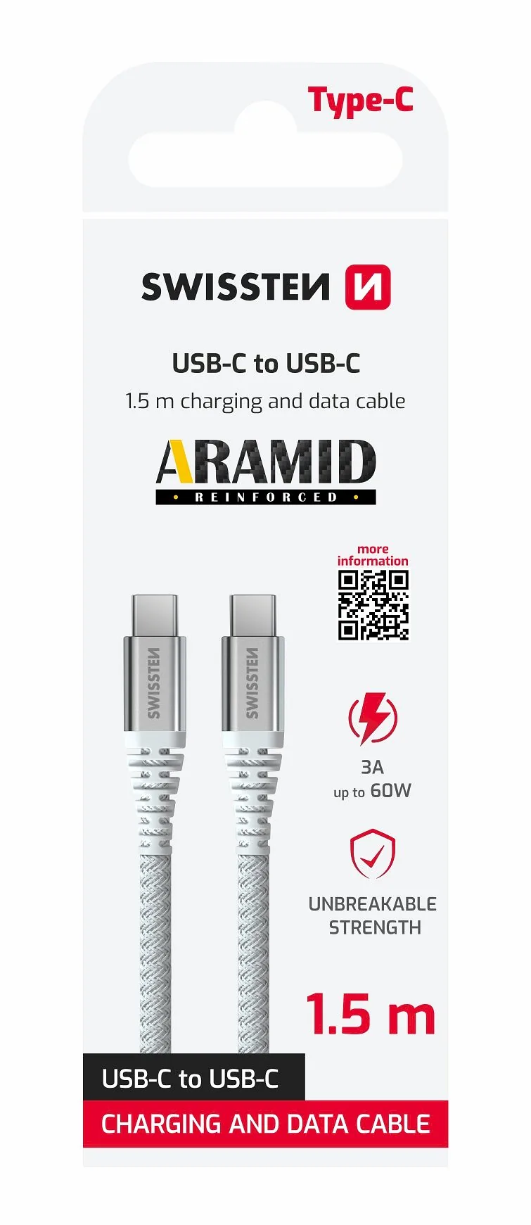Swissten ARAMID REINFORCED USB-C - USB-C Data and Charding cable 1.5m
