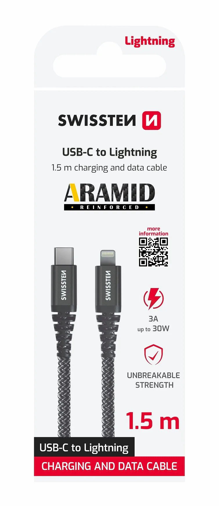 Swissten ARAMID REINFORCED Data Cable USB-C / Lightning 1.5m / 60w