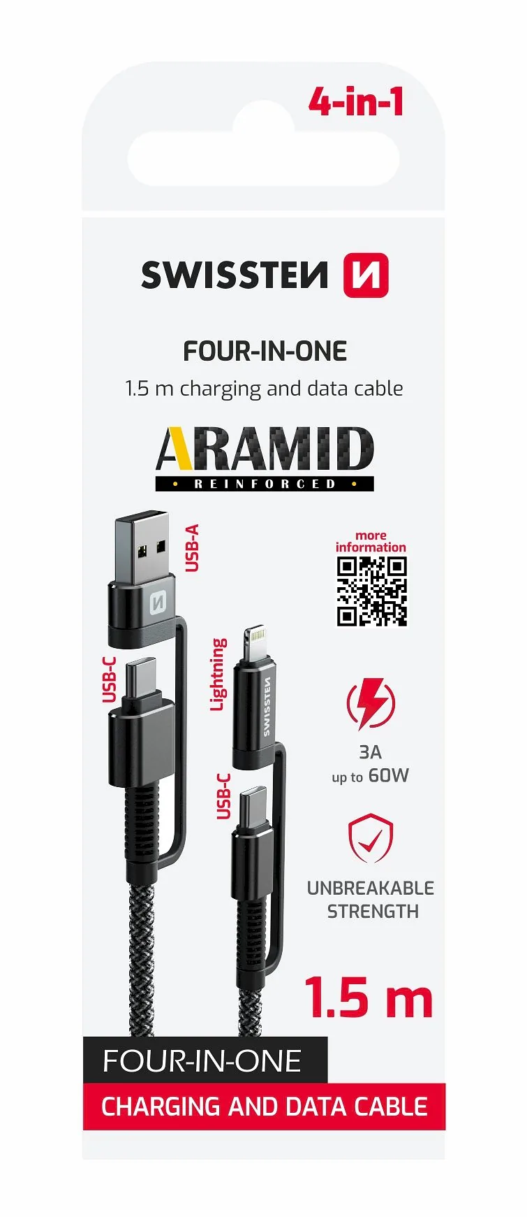 Swissten ARAMID REINFORCED Cable 4in1 / 3A / 1.5m