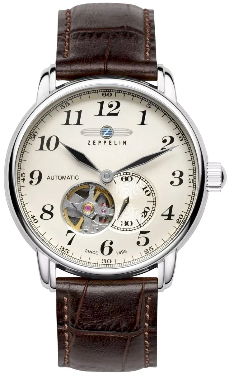 Zeppelin LZ 127 Graf Zeppelin Open Heart Men’s Watch 40mm Silver Dial Dark Brown Leather Strap